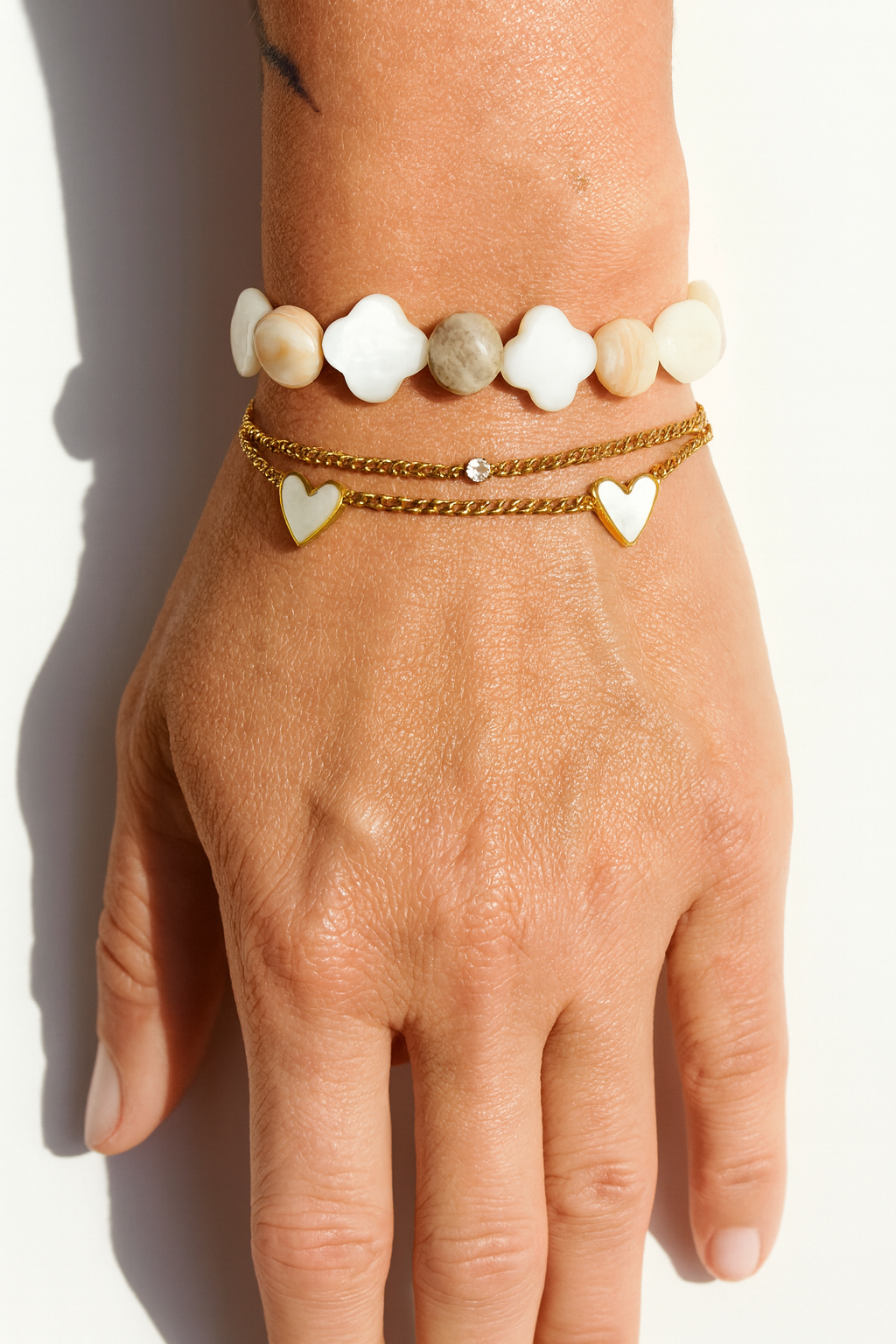 White Clover Stone & Golden Heart Layered Bracelet Set