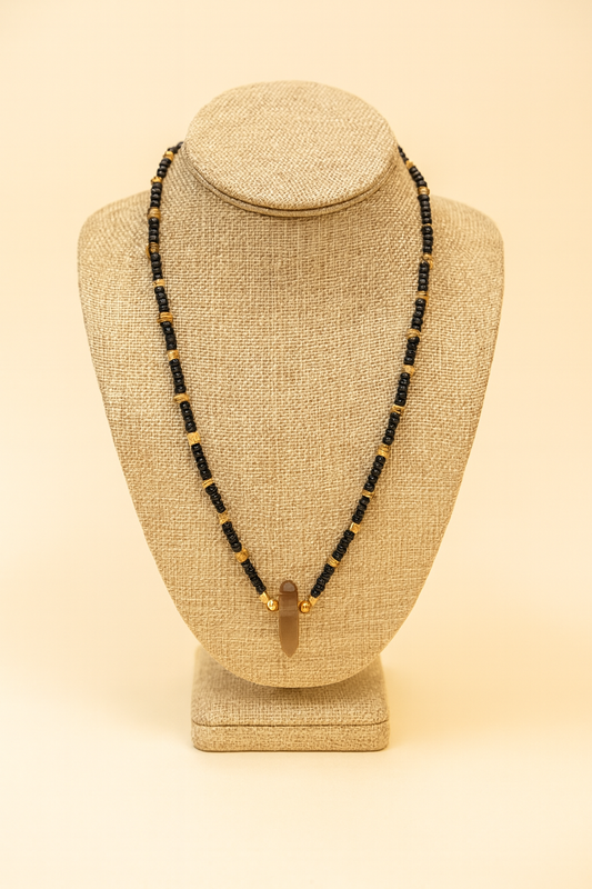 Smoky Quartz Crystal Necklace – Black & Gold Beaded Chain
