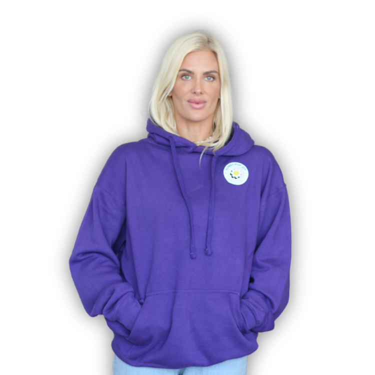 Sunny Pop Joy Purple Oversized Hoodie – Cute Graphic Bubble Letter Sweatshirt for Women & Men