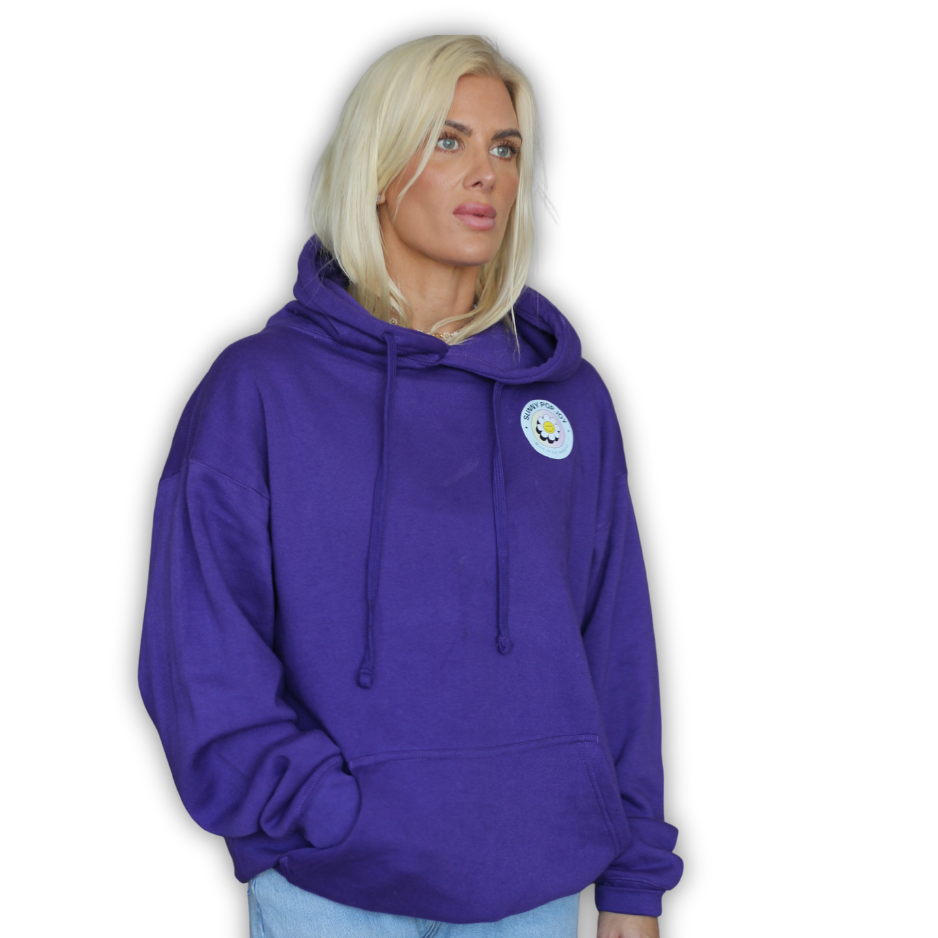 Sunny Pop Joy Purple Oversized Hoodie – Cute Graphic Bubble Letter Sweatshirt for Women & Men