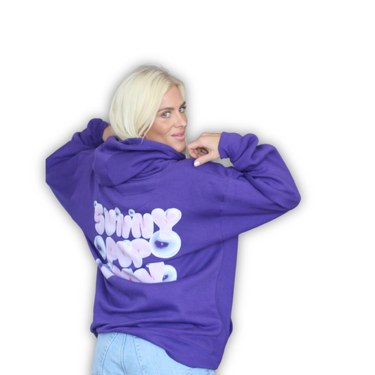 Sunny Pop Joy Purple Oversized Hoodie – Cute Graphic Bubble Letter Sweatshirt for Women & Men