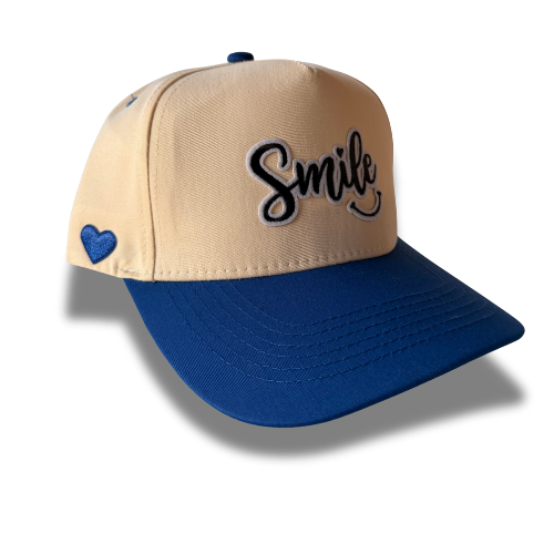 Smile Two-Tone Embroidered Baseball Cap – Blue & Cream Adjustable Hat