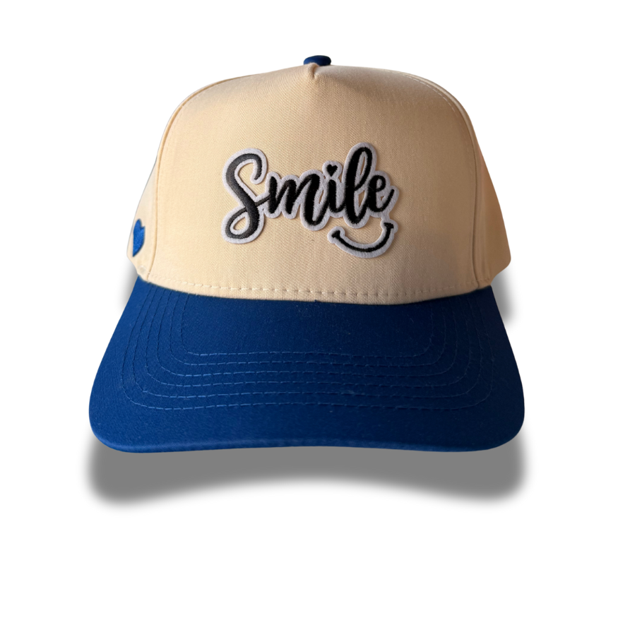 Smile Two-Tone Embroidered Baseball Cap – Blue & Cream Adjustable Hat