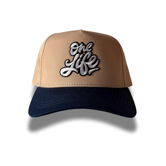 One Life Embroidered Baseball Cap – Tan & Black Adjustable Motivational Hat
