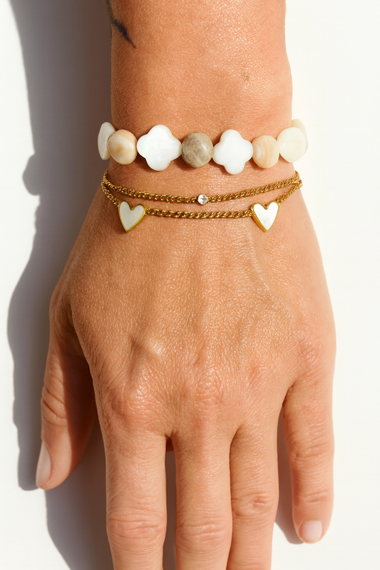 White Clover Stone & Golden Heart Layered Bracelet Set