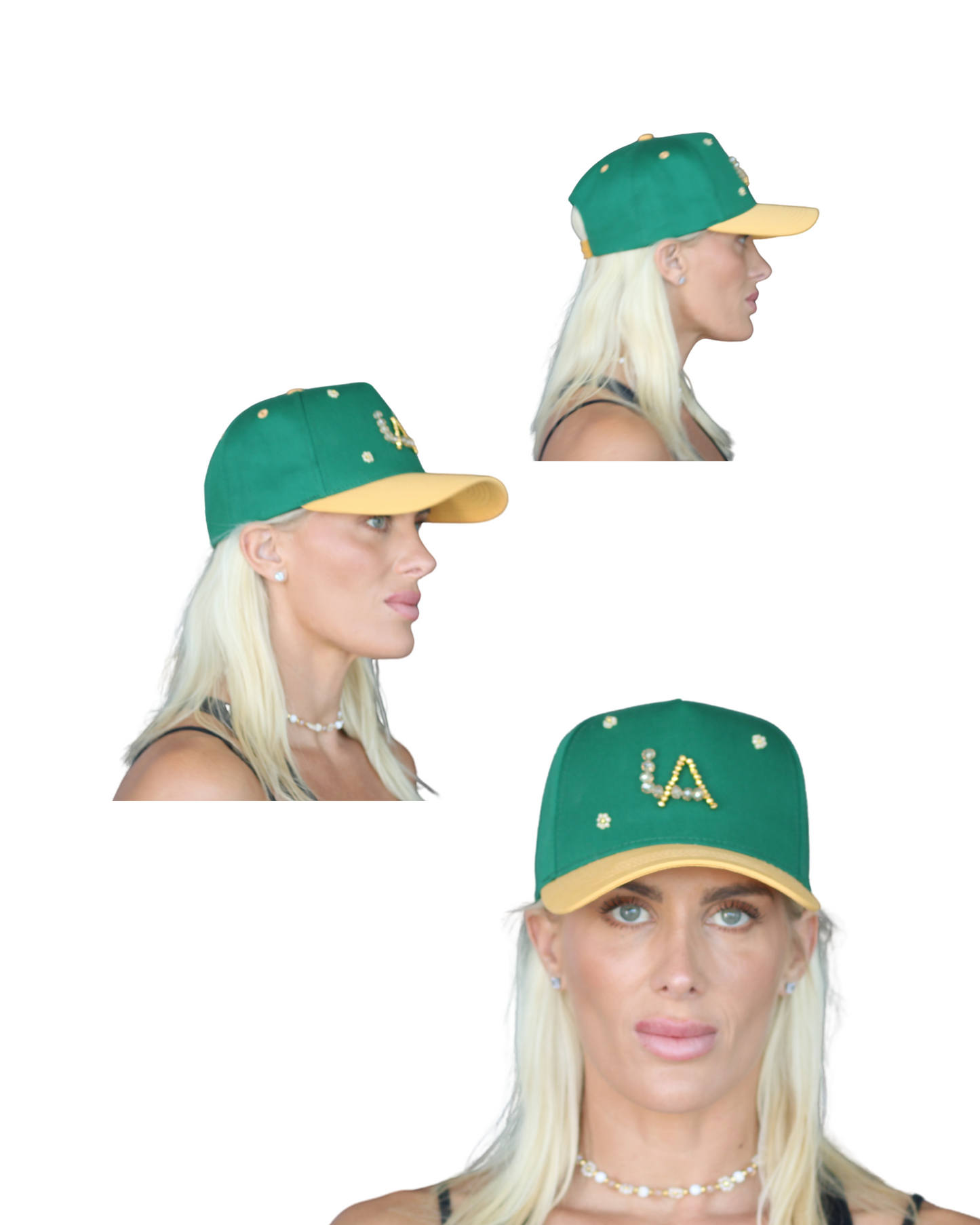 Green and Yellow LA Baseball Cap – Rhinestone Bling Snapback Hat for Women & Men