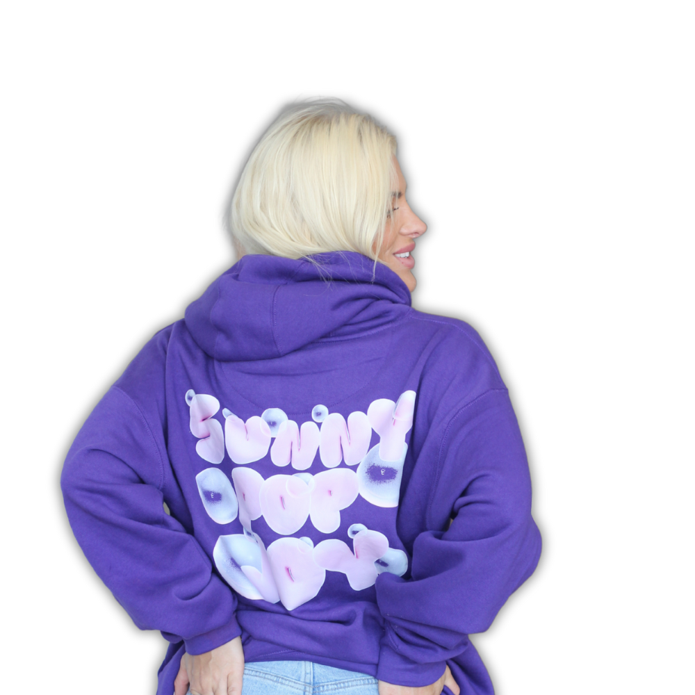 Sunny Pop Joy Purple Oversized Hoodie – Cute Graphic Bubble Letter Sweatshirt for Women & Men