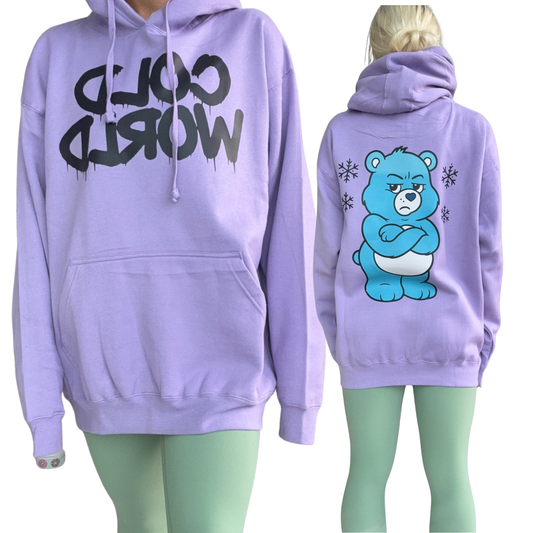 Cold World Hoodie 💜 | Oversized Streetwear | Grumpy Blue Bear Graphic Hoodie | Cozy Winter Vibe