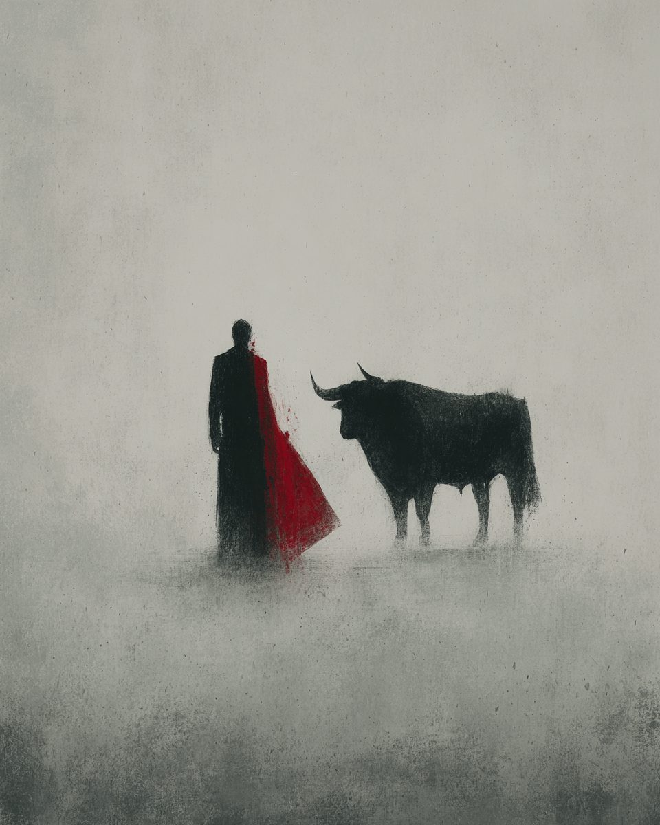 Matador facing a bull in the fog